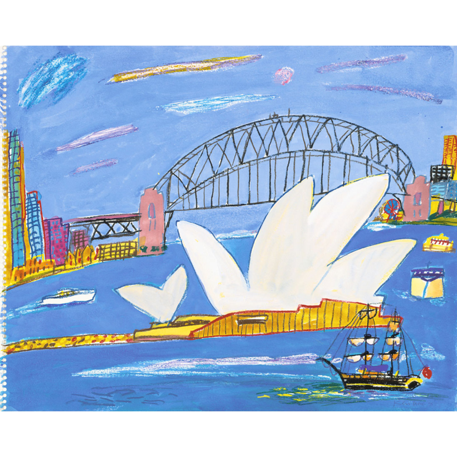 ケン・ドーンの絵画作品　タイトルは、Bridge and Opera House, sailing ship, 1995